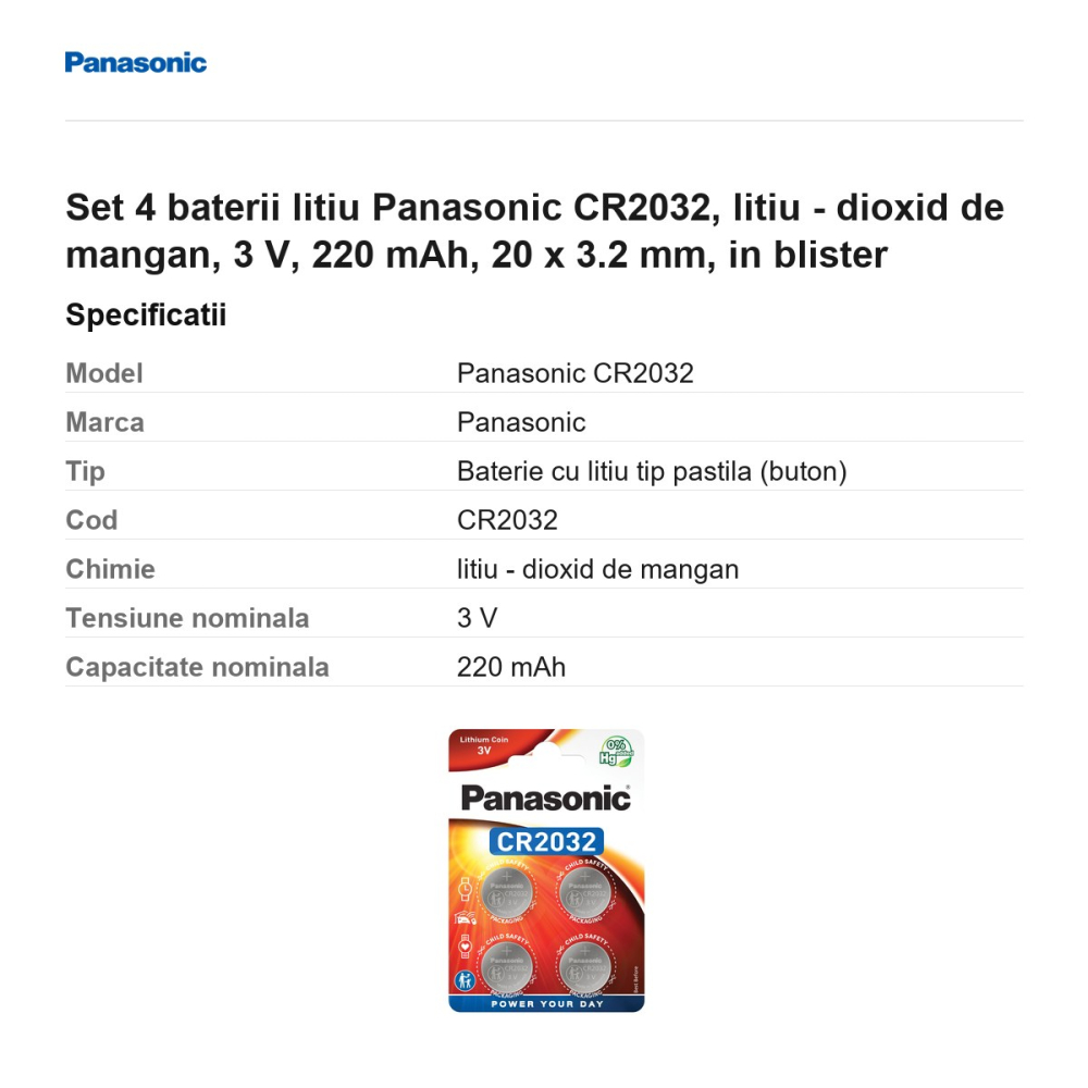 Set 4 baterii litiu Panasonic CR2032, litiu - dioxid de mangan, 3 V, 220 mAh, 20 x 3.2 mm, in blister [3]
