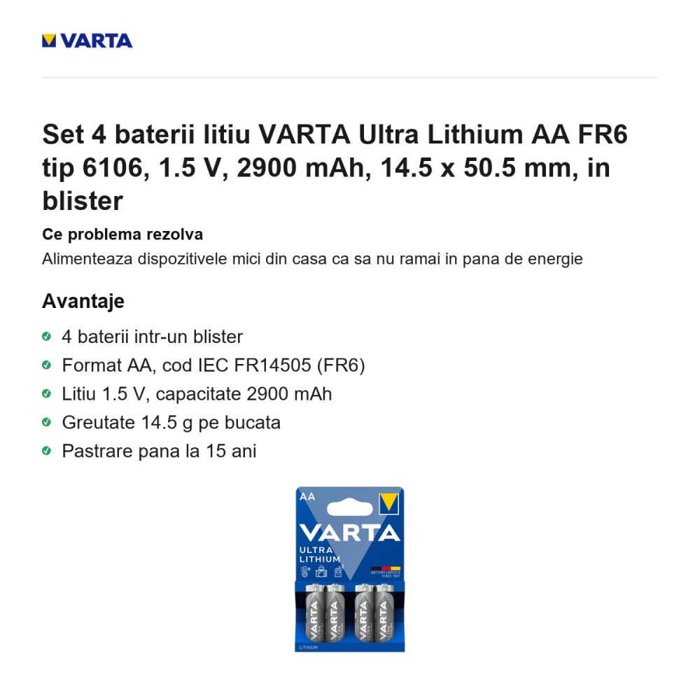 Set 4 baterii litiu VARTA Ultra Lithium AA FR6 tip 6106, 1.5 V, 2900 mAh, 14.5 x 50.5 mm, in blister [2]