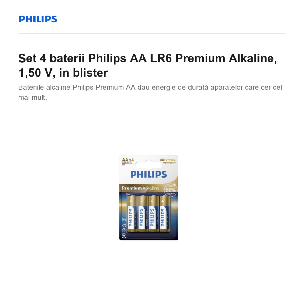 Set 4 baterii Philips AA LR6 Premium Alkaline, 1,50 V, in blister [2]