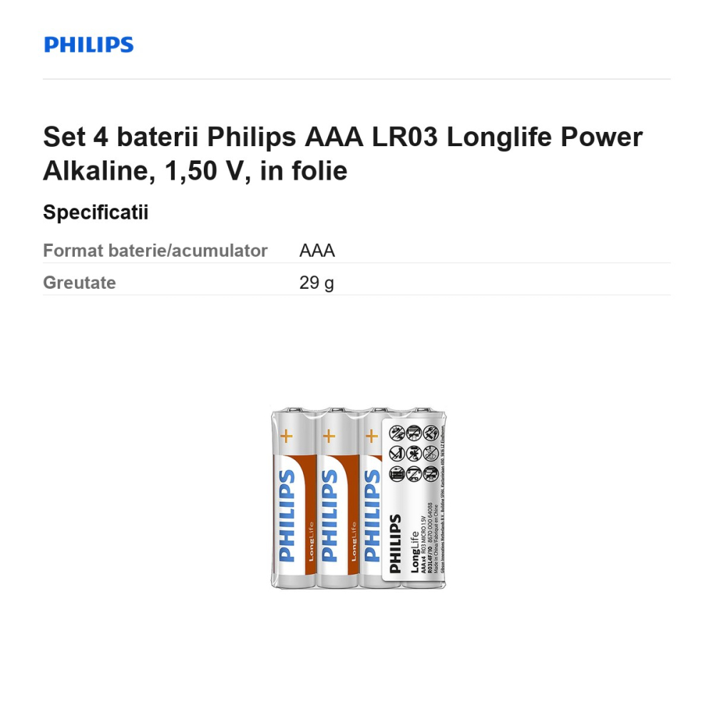 Set 4 baterii Philips AAA LR03 Longlife Power Alkaline, 1,50 V, in folie [3]
