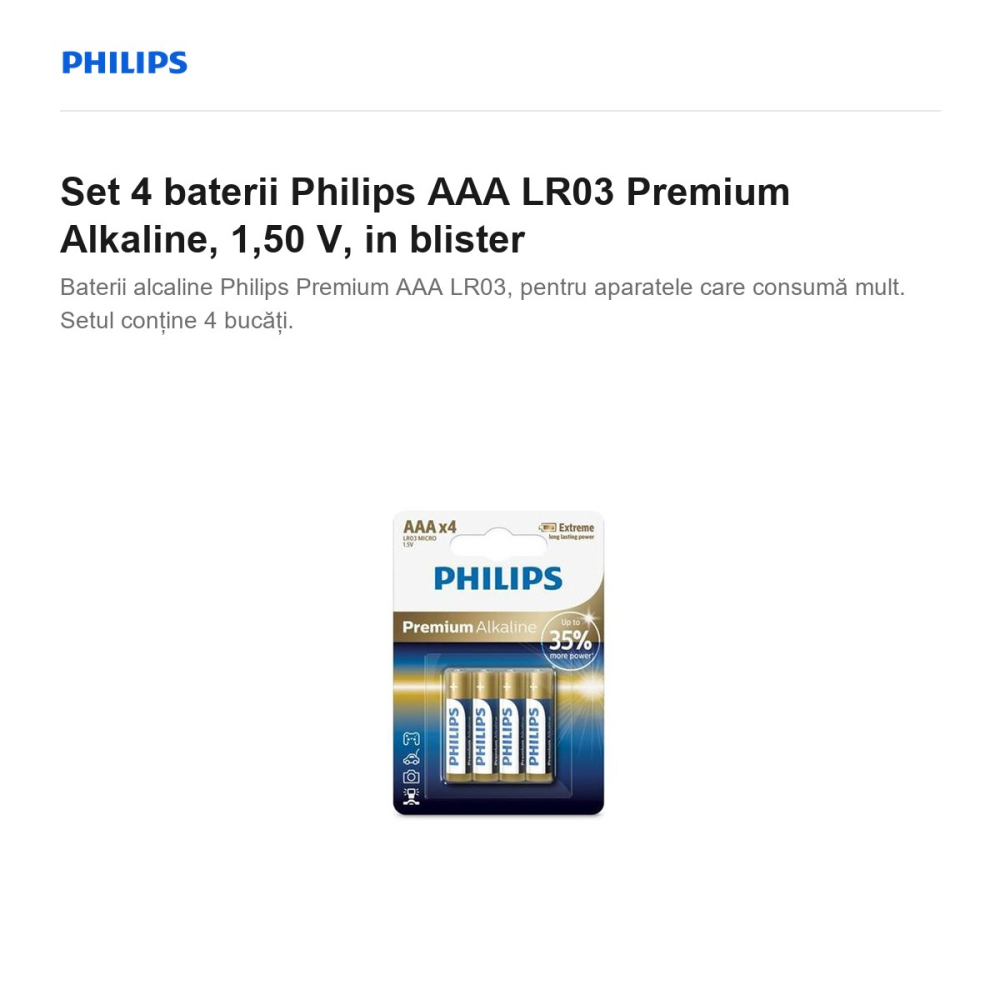 Set 4 baterii Philips AAA LR03 Premium Alkaline, 1,50 V, in blister [2]