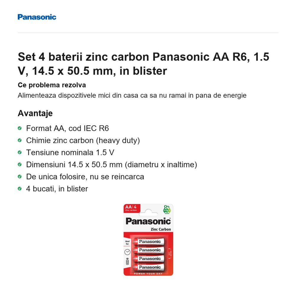 Set 4 baterii zinc carbon Panasonic AA R6, 1.5 V, 14.5 x 50.5 mm, in blister [2]