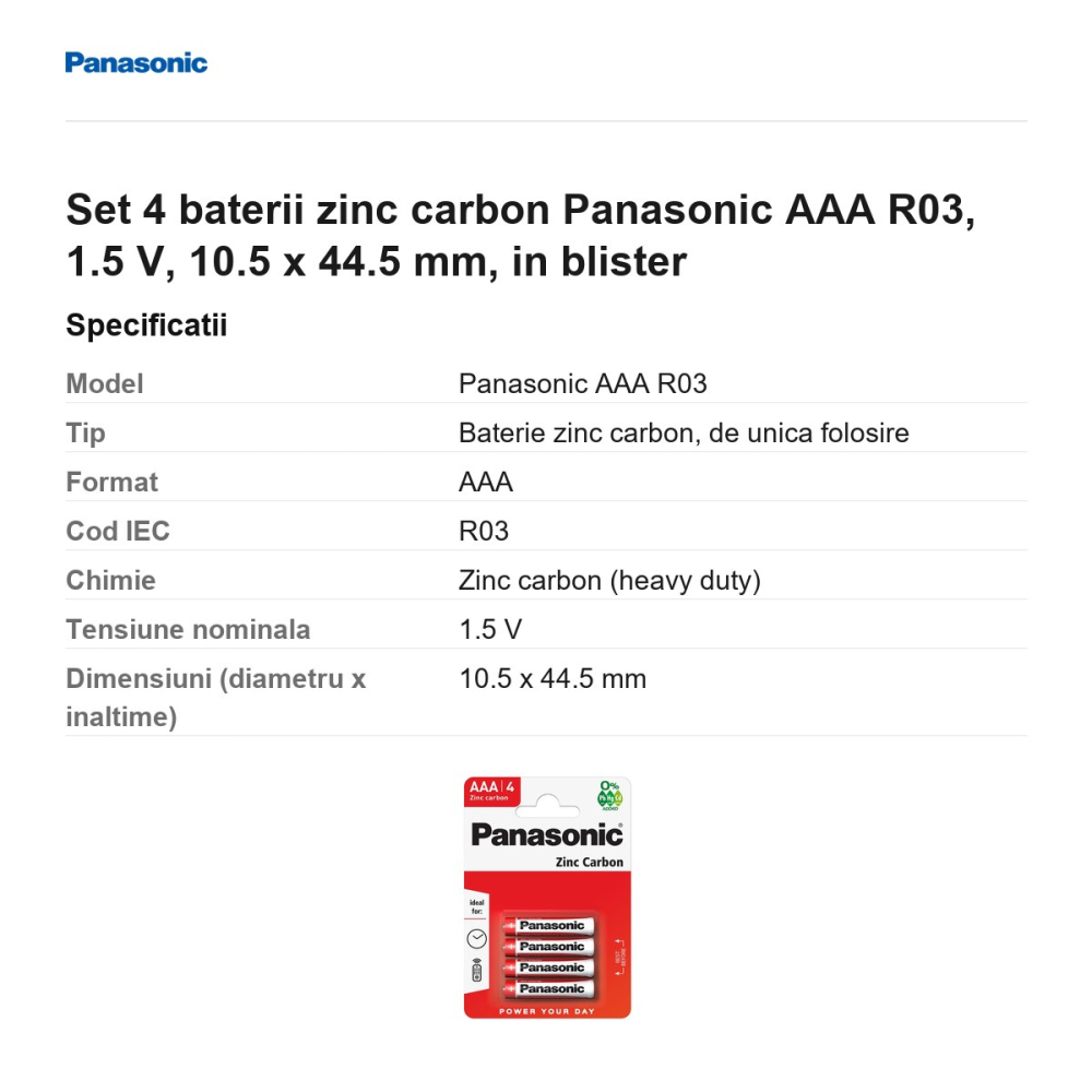 Set 4 baterii zinc carbon Panasonic AAA R03, 1.5 V, 10.5 x 44.5 mm, in blister [3]