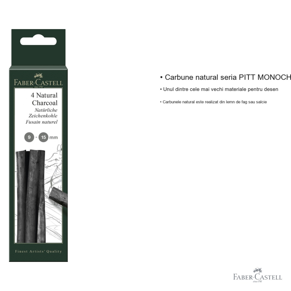 Set 4 batoane carbune natural Faber-Castell Pitt Monochrome, diametru 9-15 mm, pentru desen artistic [3]