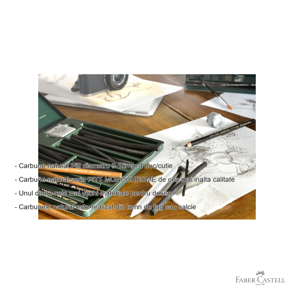 Set 4 batoane carbune natural Faber-Castell Pitt Monochrome, diametru 9-15 mm, pentru desen artistic [2]