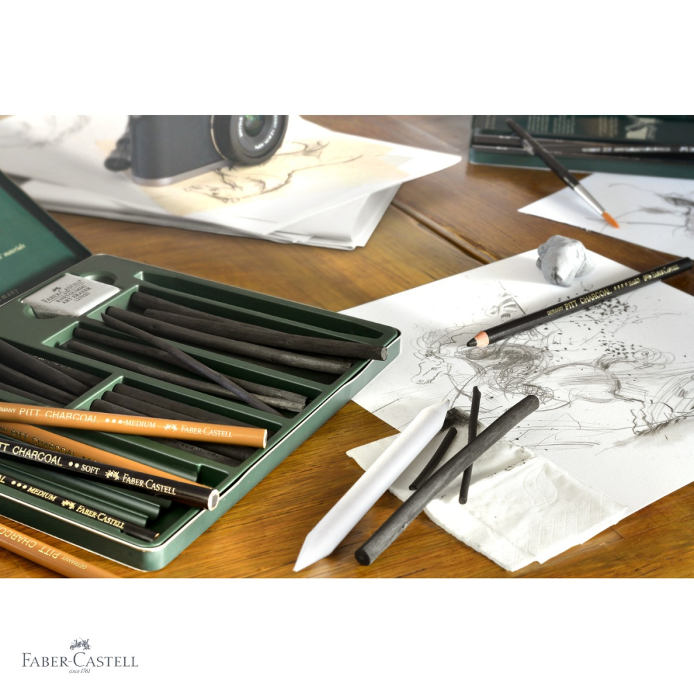 Set 4 batoane carbune natural Faber-Castell Pitt Monochrome, diametru 9-15 mm, pentru desen artistic [4]