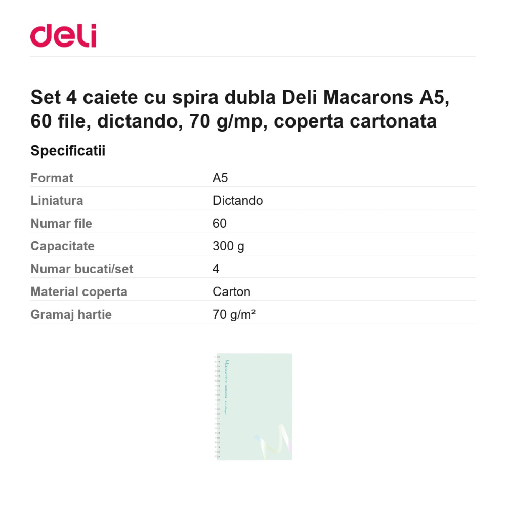 Set 4 caiete cu spira dubla Deli Macarons A5, 60 file, dictando, 70 g/mp, coperta cartonata [3]