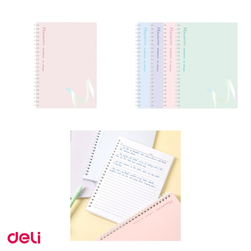 Set 4 caiete cu spira dubla Deli Macarons A5, 60 file, dictando, 70 g/mp, coperta cartonata [4]