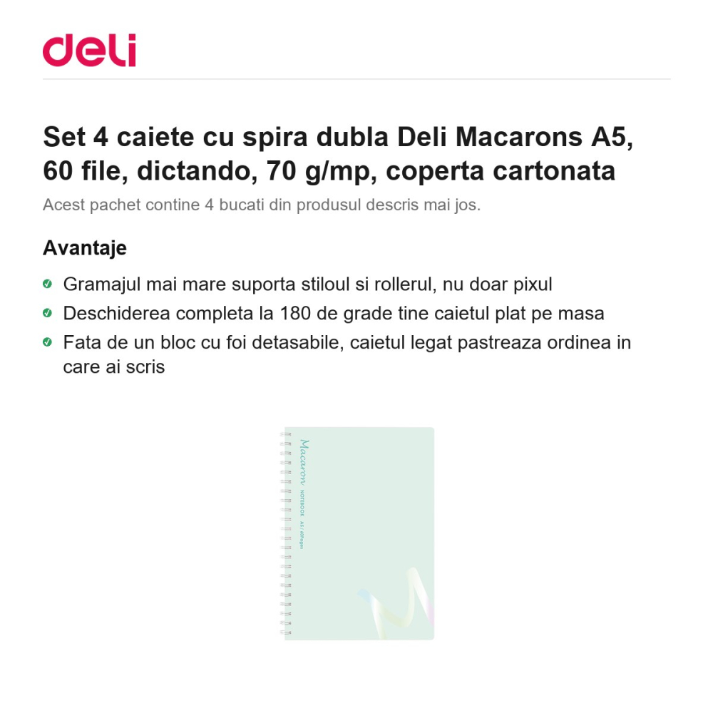 Set 4 caiete cu spira dubla Deli Macarons A5, 60 file, dictando, 70 g/mp, coperta cartonata [2]