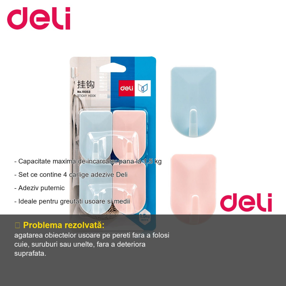 Set 4 carlige adezive Deli, capacitate 1.5 kg, colorate, pentru organizare usoara acasa si la birou [2]