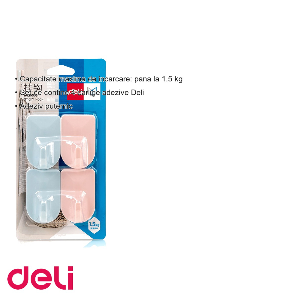 Set 4 carlige adezive Deli, capacitate 1.5 kg, colorate, pentru organizare usoara acasa si la birou [3]