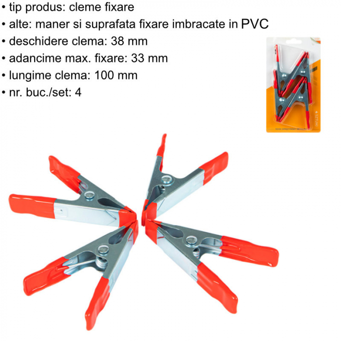 Set 4 cleme cu arc metalice pentru fixare, 41306, 100mm, cu protectie de PVC pe maner si suprafata de prindere, argintiu cu rosu [6]