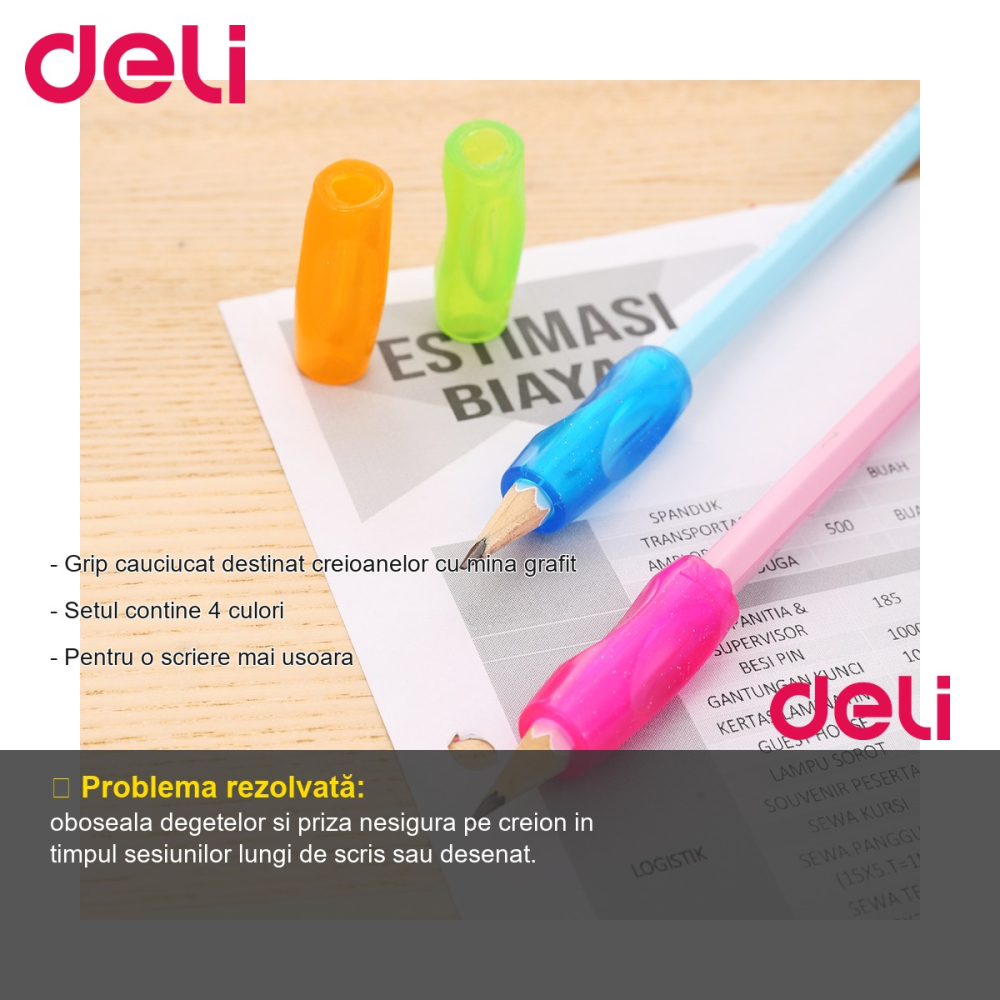 Set 4 gripuri cauciucate Deli pentru creioane cu mina grafit, scriere comfortabila, culori asortate [2]