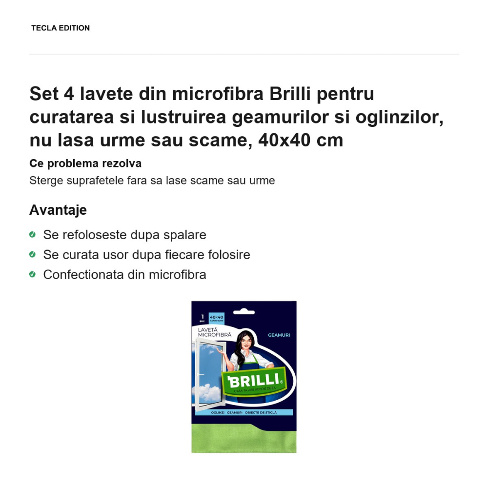 Set 4 lavete din microfibra Brilli pentru curatarea si lustruirea geamurilor si oglinzilor, nu lasa urme sau scame, 40x40 cm [2]