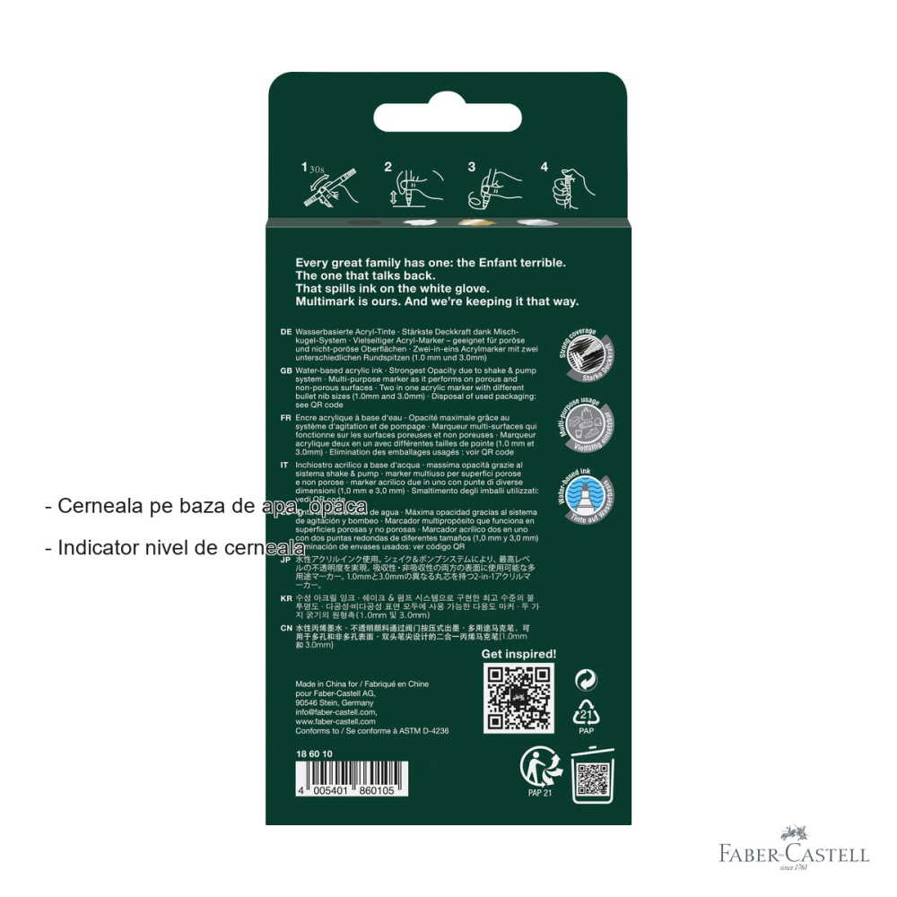 Set 4 markere acrilice Faber-Castell Multimark, varf dublu, culori negru-alb-gri-auriu, pentru suprafete multiple [2]