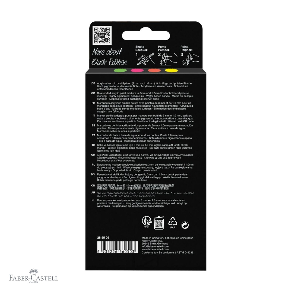 Set 4 markere acrilice Faber-Castell Shake&Paint culori neon, varf dublu, pentru suprafete multiple [4]