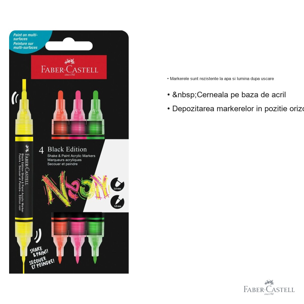 Set 4 markere acrilice Faber-Castell Shake&Paint culori neon, varf dublu, pentru suprafete multiple [3]