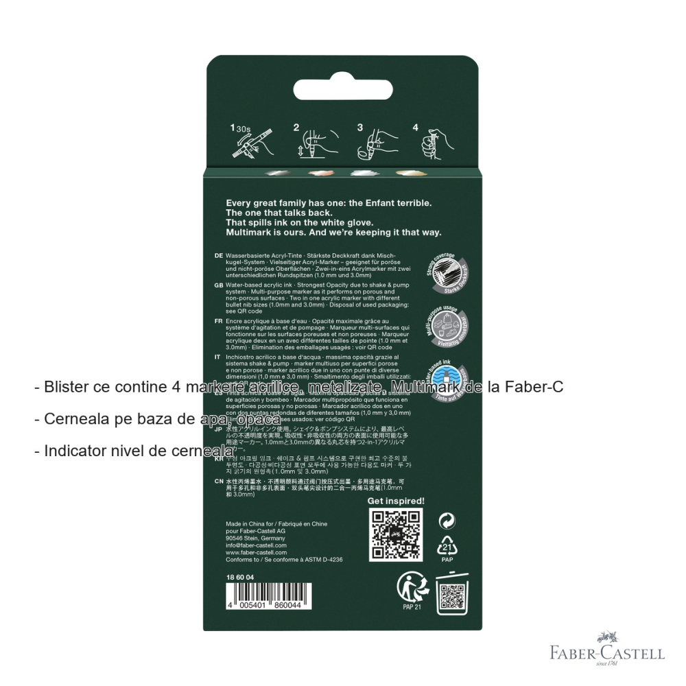 Set 4 markere acrilice metalizate Faber-Castell Multimark, varf dublu, pentru suprafete multiple [2]