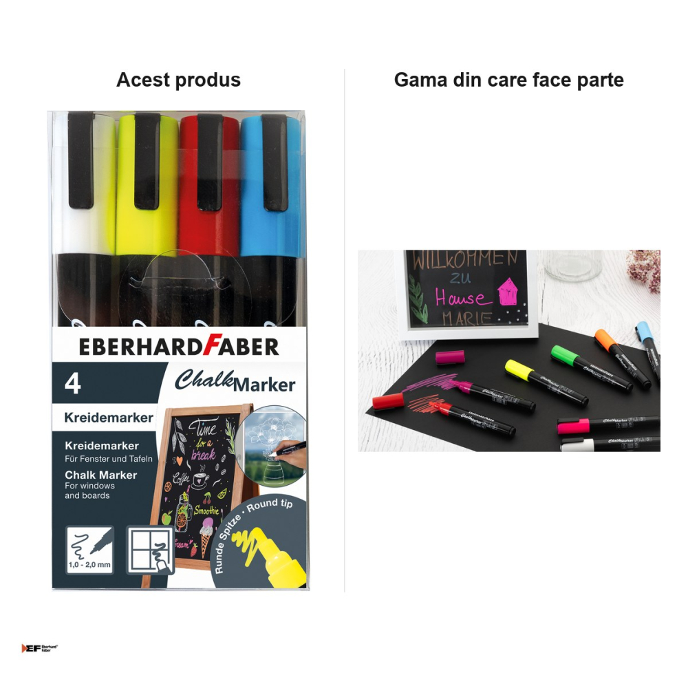 Set 4 markere cu creta lichida Eberhard Faber, varf rotund, linie 1-2 mm, culori asortate [5]