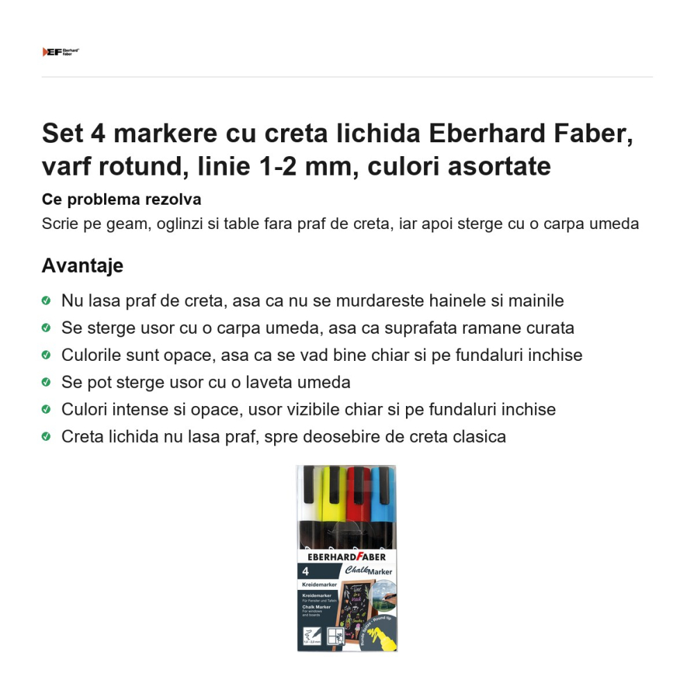 Set 4 markere cu creta lichida Eberhard Faber, varf rotund, linie 1-2 mm, culori asortate [2]