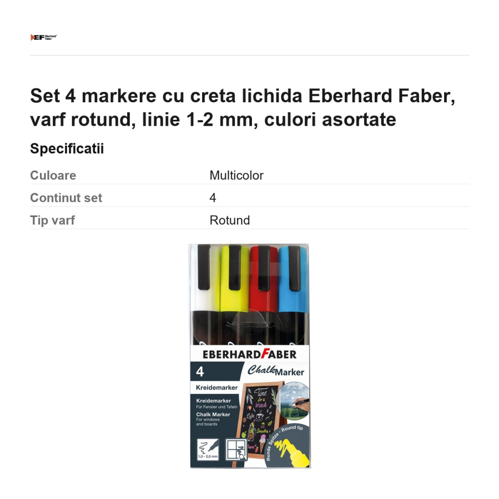 Set 4 markere cu creta lichida Eberhard Faber, varf rotund, linie 1-2 mm, culori asortate [3]