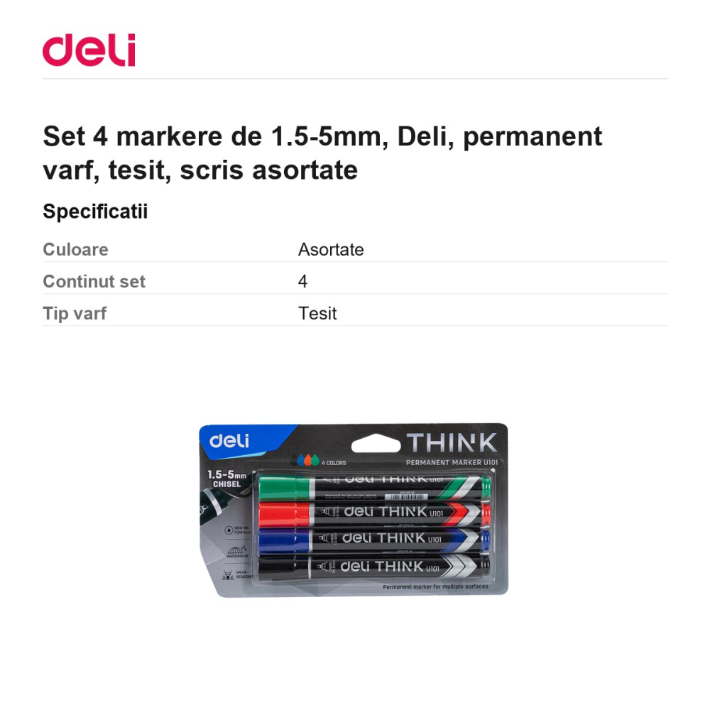 Set 4 markere de 1.5-5mm, Deli, permanent varf, tesit, scris asortate [3]