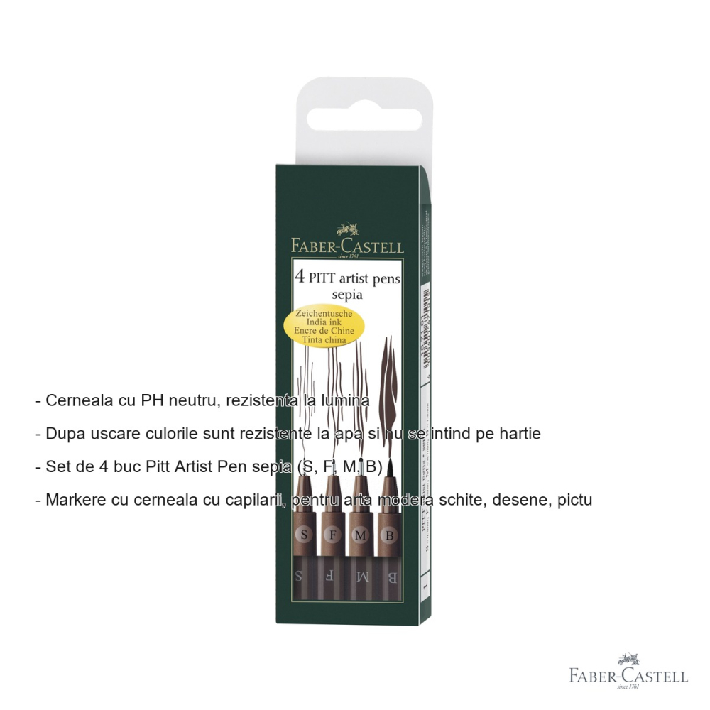 Set 4 markere Faber-Castell Pitt Artist Pen sepia, cerneala rezistenta la apa, pentru schite si desen artistic [2]