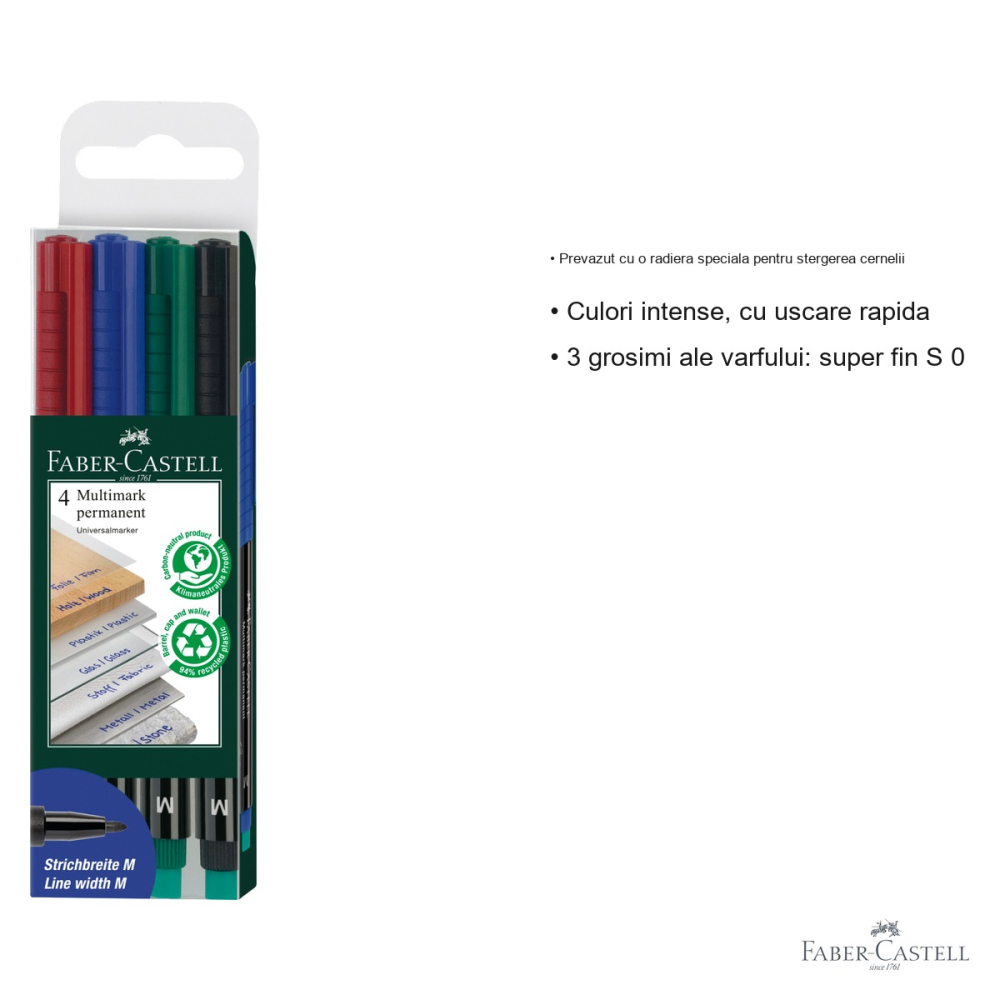 Set 4 markere permanente Faber-Castell Multimark, varf mediu M 1.0 mm, pentru CD, sticla, metal si plastic [3]