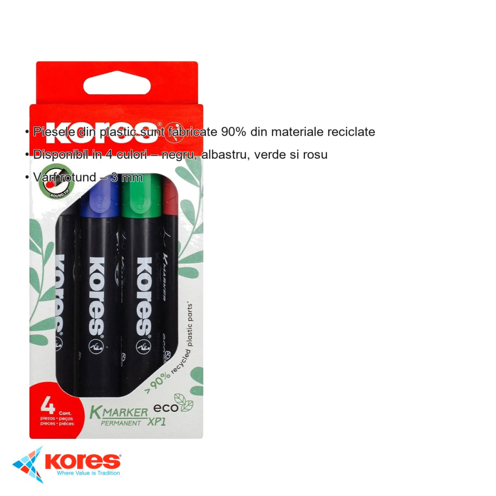 Set 4 markere permanente Kores, varf rotund 3 mm, eco, pentru orice suprafata [3]