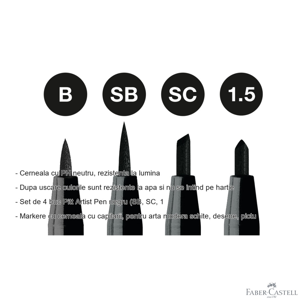 Set 4 markere Pitt Artist Pen Faber-Castell, cerneala neagra rezistenta la apa, pentru schite si ilustratie [2]