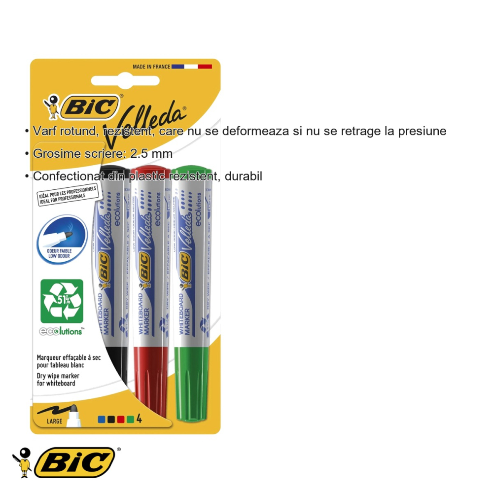 Set 4 markere whiteboard Bic Velleda 1701, varf rotund, cerneala pe baza de alcool, pentru table albe [3]