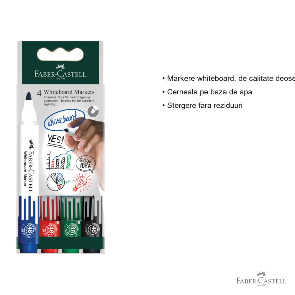 Set 4 markere whiteboard Faber-Castell W20, varf 2,25 mm, cerneala pe baza de apa, pentru tabla alba [3]