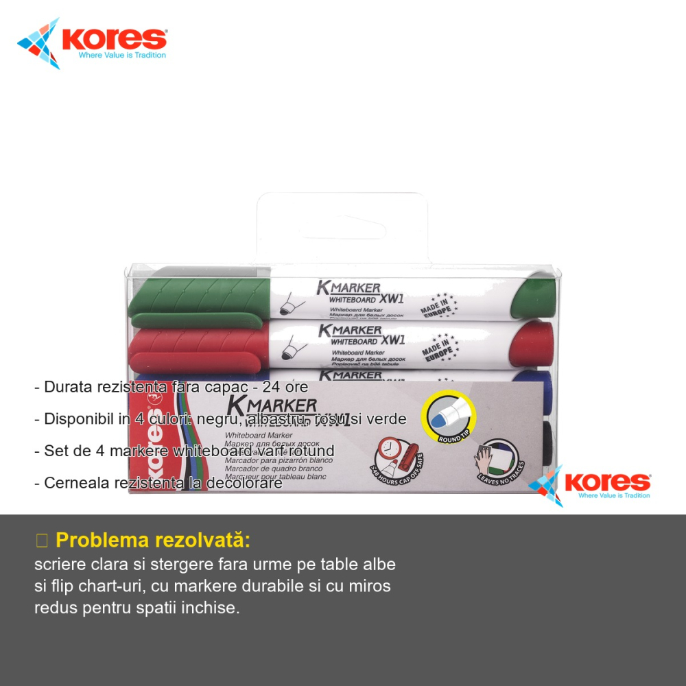 Set 4 markere whiteboard Kores, varf rotund 3mm, uscare rapida, pentru table albe si flip chart [2]