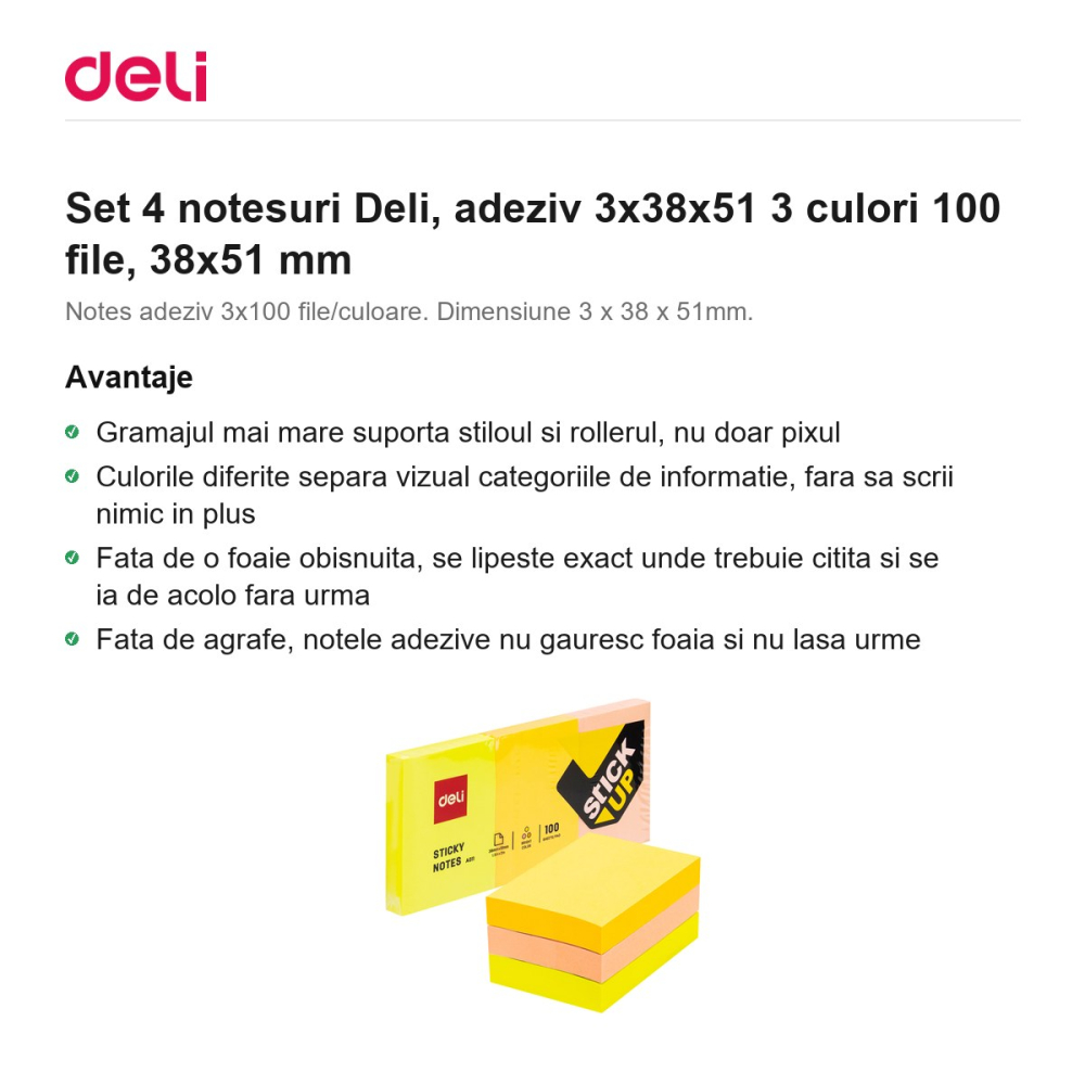 Set 4 notesuri Deli, adeziv 3x38x51 3 culori 100 file, 38x51 mm [2]
