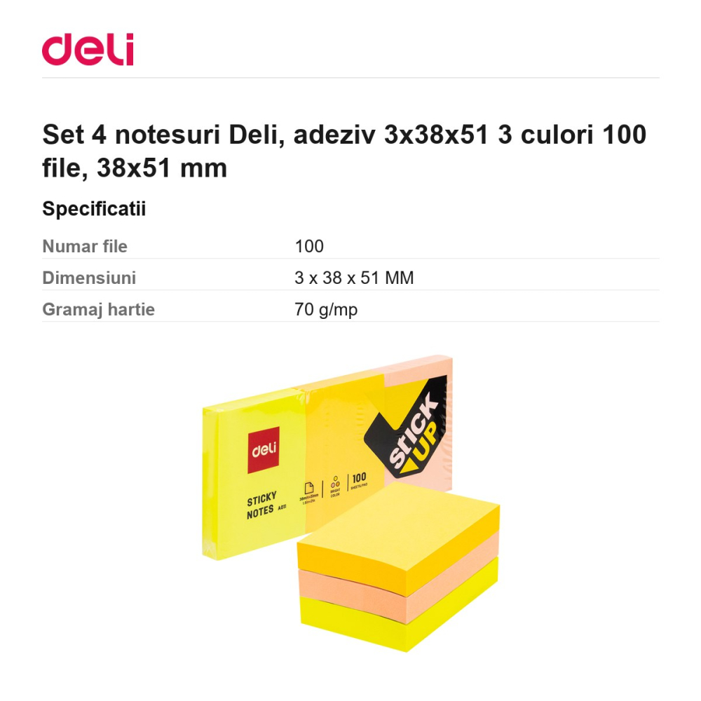 Set 4 notesuri Deli, adeziv 3x38x51 3 culori 100 file, 38x51 mm [3]