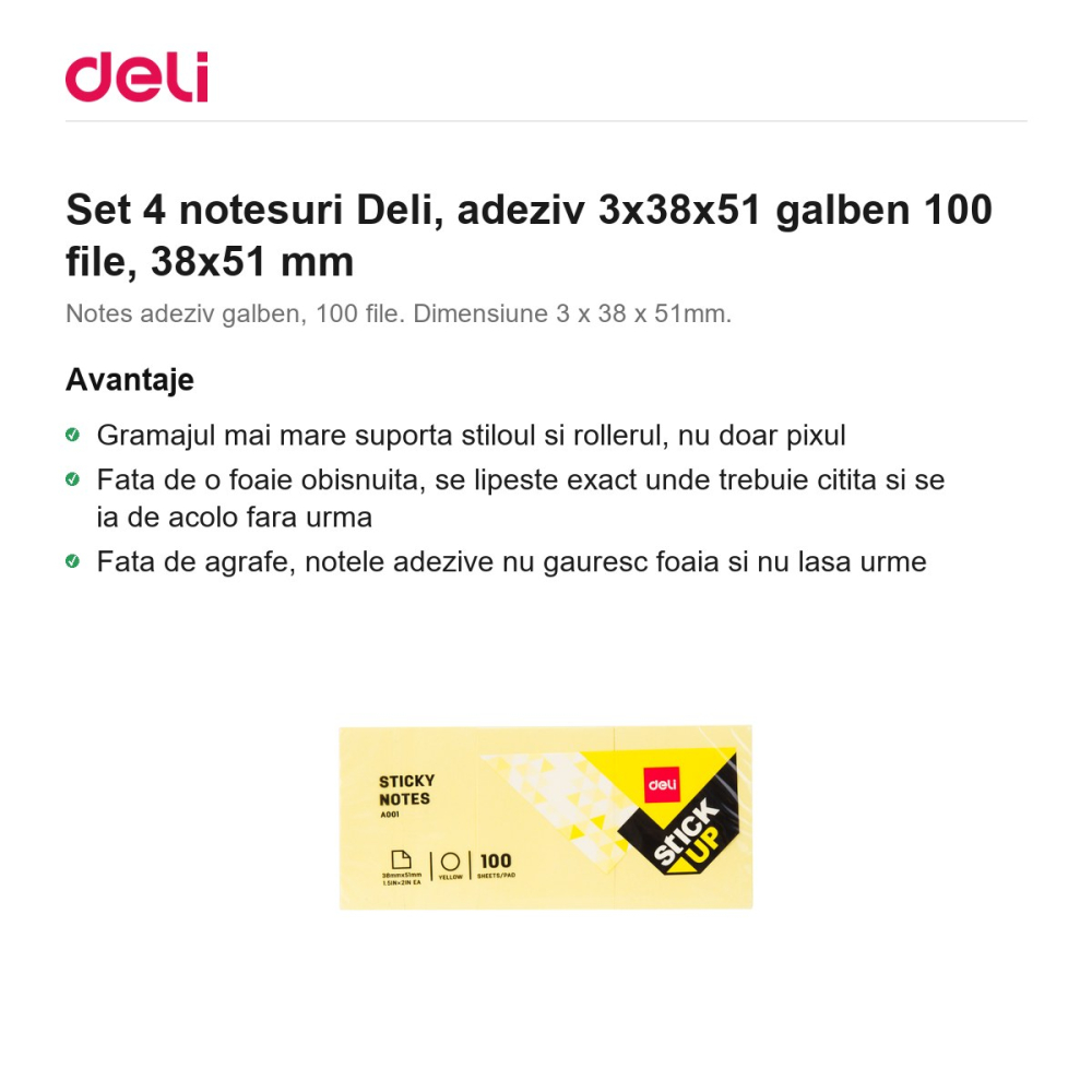 Set 4 notesuri Deli, adeziv 3x38x51 galben 100 file, 38x51 mm [2]