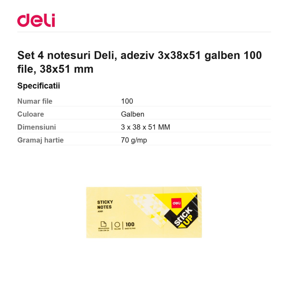 Set 4 notesuri Deli, adeziv 3x38x51 galben 100 file, 38x51 mm [3]