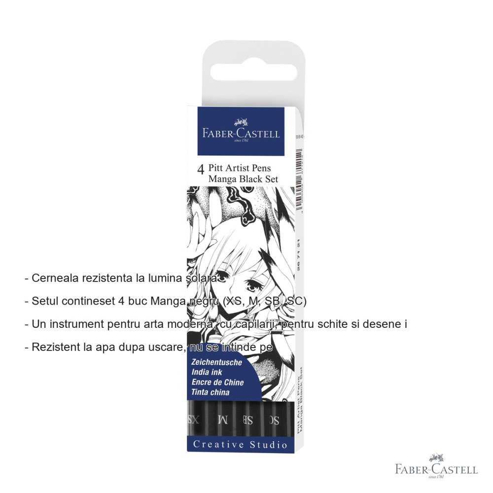 Set 4 penne tus Faber-Castell Pitt Artist Pen Manga negru, varfuri multiple, pentru schite si desen [2]