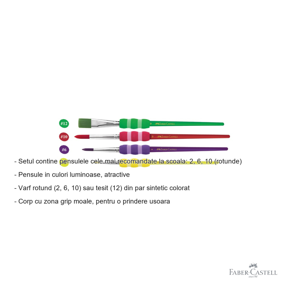 Set 4 pensule Faber-Castell Soft Touch, par sintetic, grip moale, pentru scoala [2]