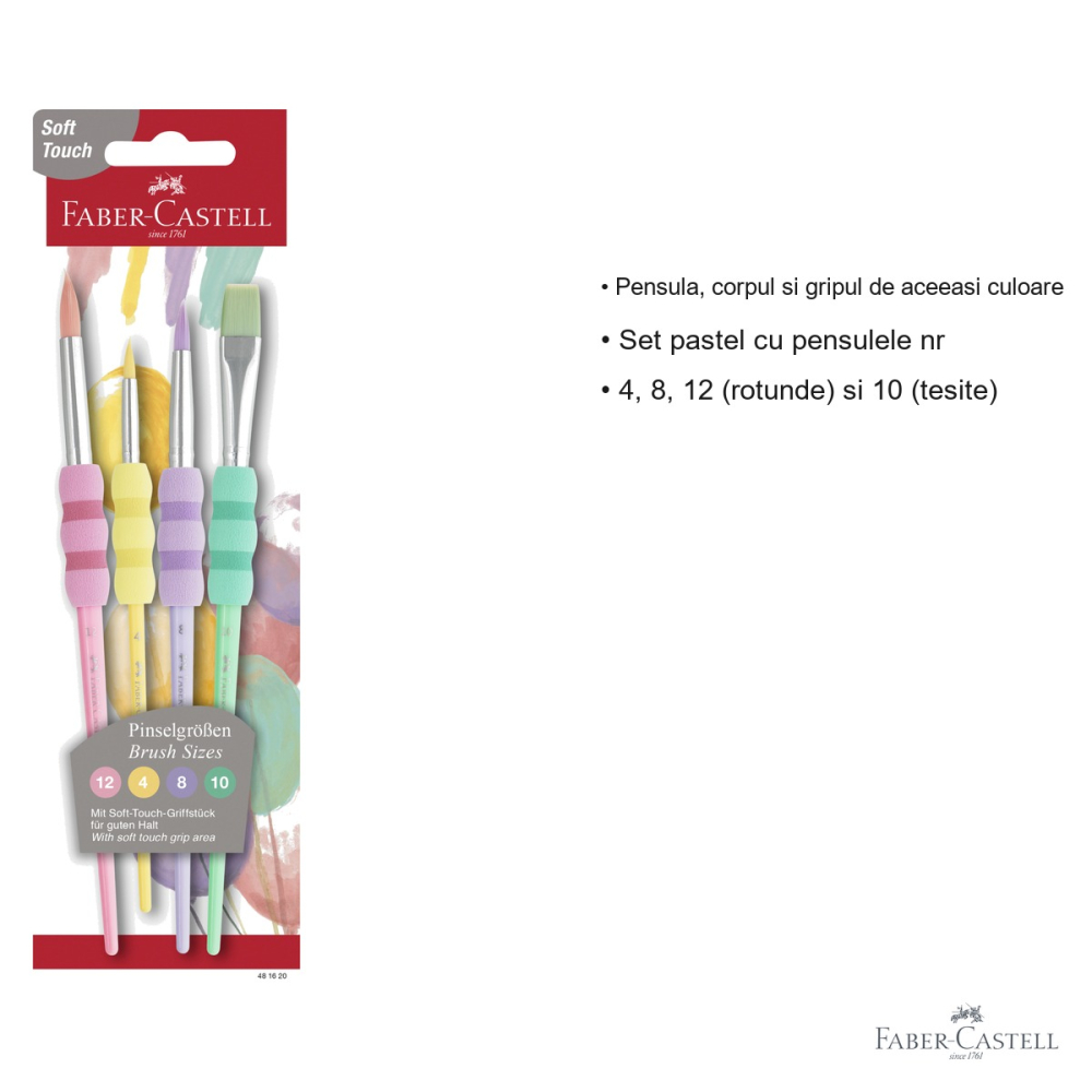 Set 4 pensule Faber-Castell Soft Touch Pastel, par sintetic, rotunde si tesite, pentru desen si pictura [3]