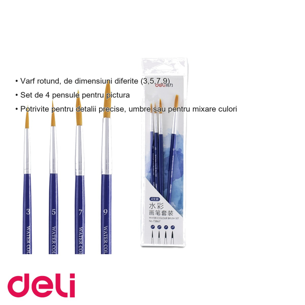 Set 4 pensule pictura Deli, varf rotund, marimi 3-5-7-9, peri nailon, pentru detalii si mixare culori [3]