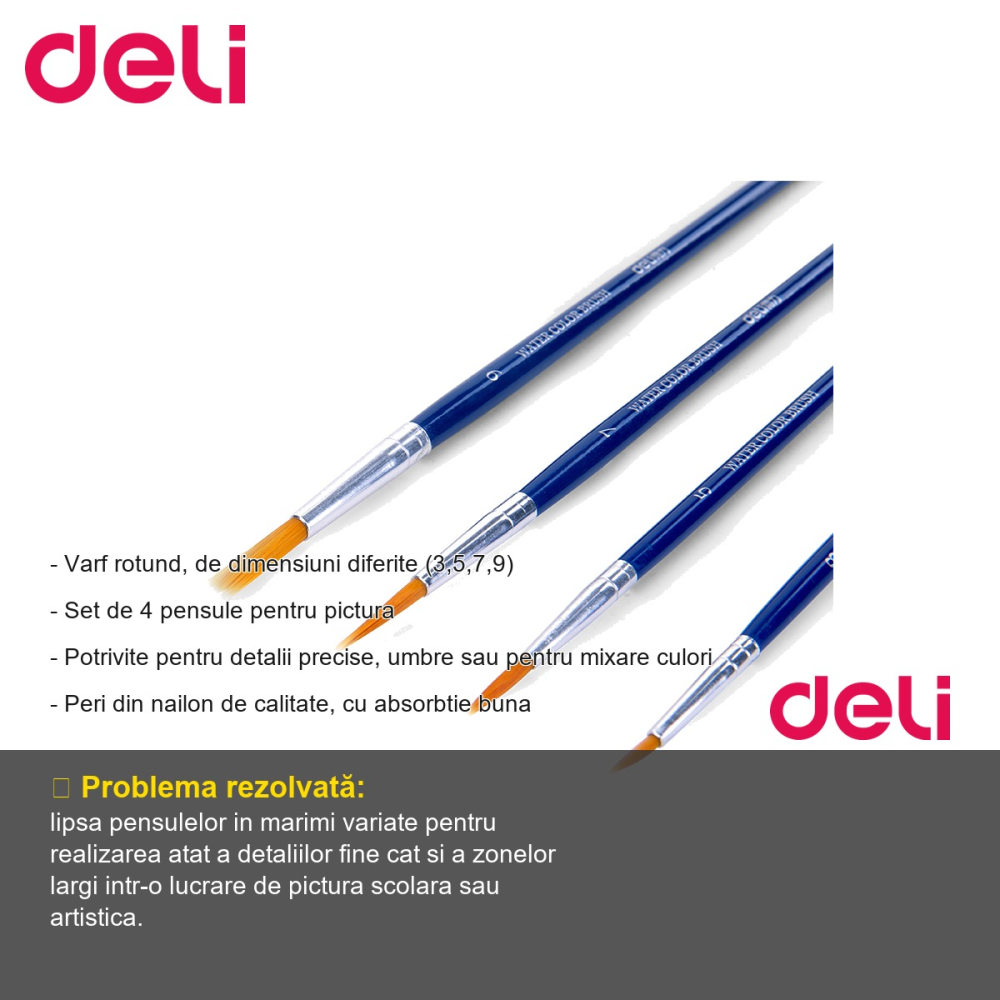 Set 4 pensule pictura Deli, varf rotund, marimi 3-5-7-9, peri nailon, pentru detalii si mixare culori [2]