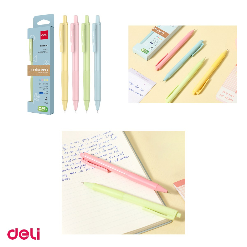 Set 4 pixuri Deli Longreen, cu mecanism, varf 0.7 mm, cerneala albastra, corp in 4 culori pastel [4]