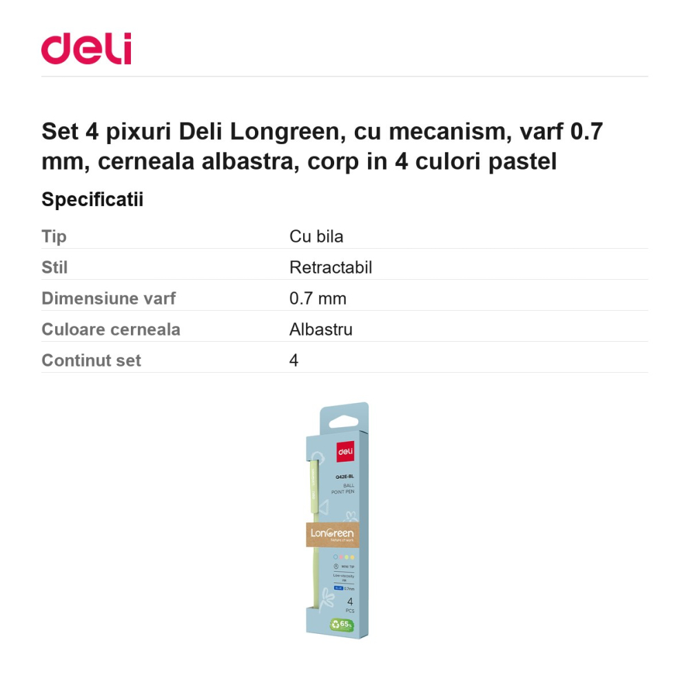Set 4 pixuri Deli Longreen, cu mecanism, varf 0.7 mm, cerneala albastra, corp in 4 culori pastel [3]