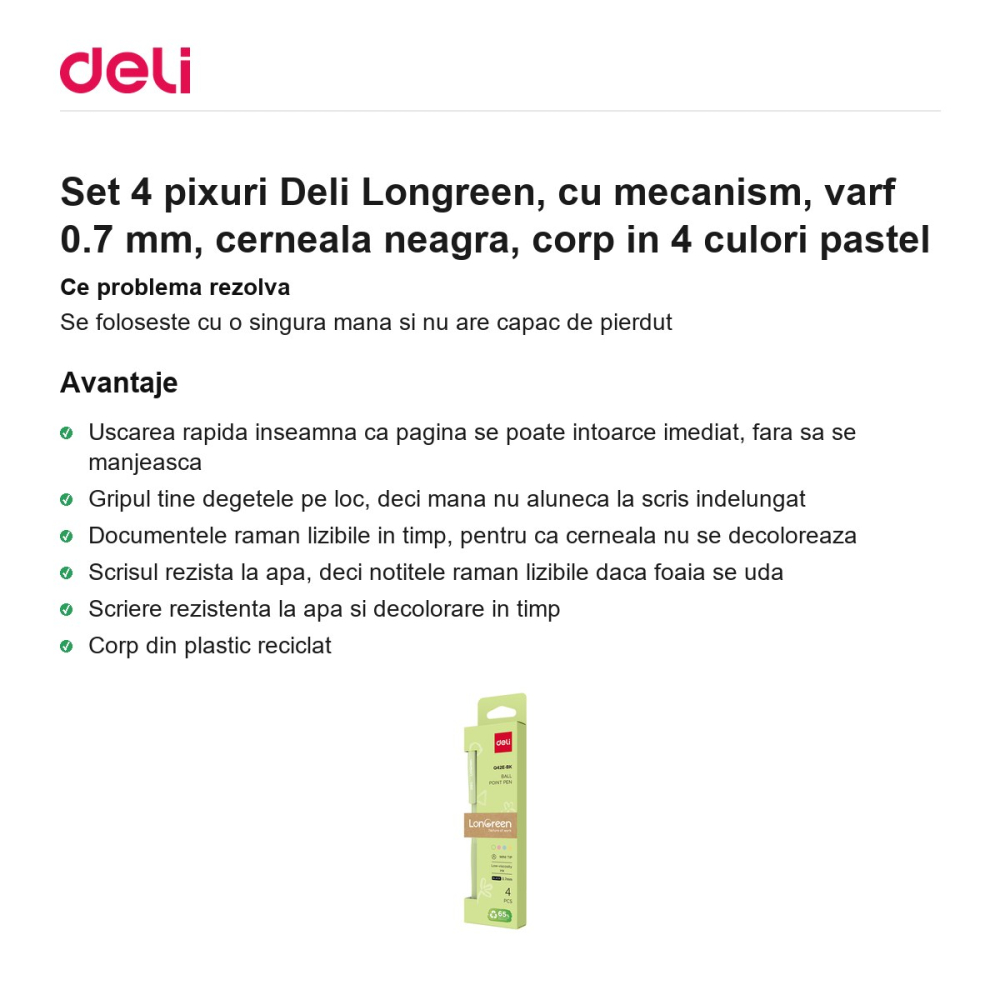 Set 4 pixuri Deli Longreen, cu mecanism, varf 0.7 mm, cerneala neagra, corp in 4 culori pastel [2]