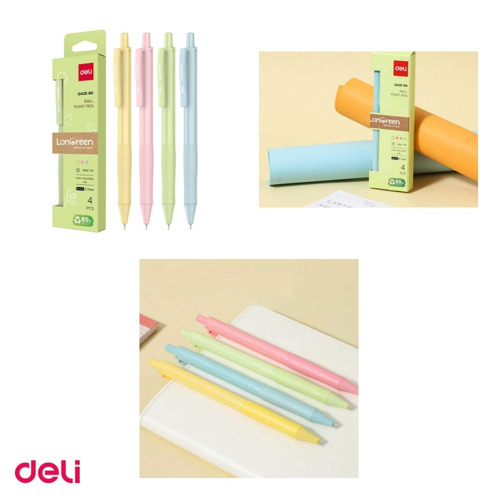 Set 4 pixuri Deli Longreen, cu mecanism, varf 0.7 mm, cerneala neagra, corp in 4 culori pastel [4]