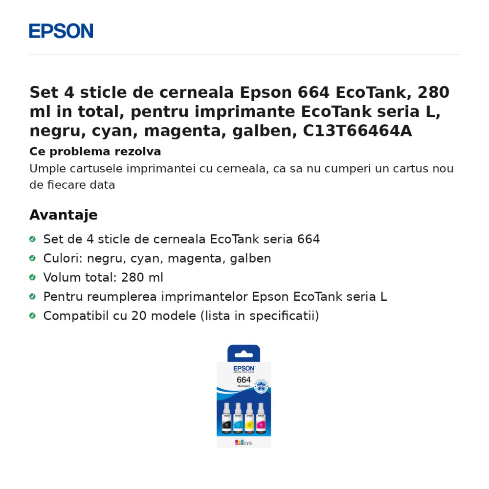 Set 4 sticle de cerneala Epson 664 EcoTank, 280 ml in total, pentru imprimante EcoTank seria L, negru, cyan, magenta, galben, C13T66464A [2]