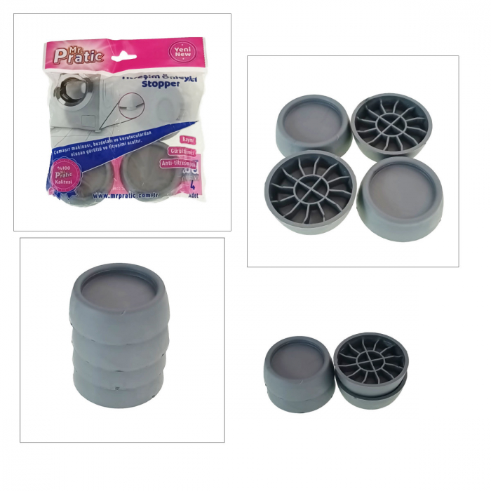 Set 4 suporturi antivibratie, anti-derapante si anti-zgomot, din PVC, pentru masina de spalat rufe si uscatoare de rufe, gri [4]
