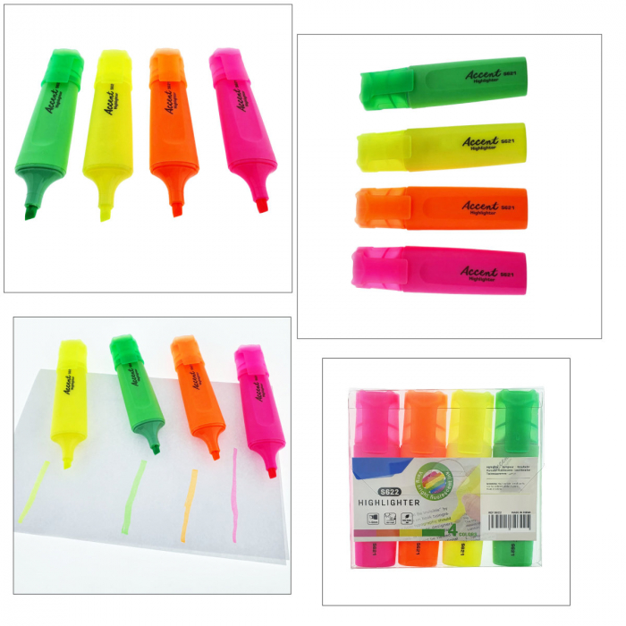 Set 4 textmarkere evidentiatoare fluorescente cu varf dublu de1mm si 5mm, uscare rapida, model Accent S621, cerneala non-toxica [3]