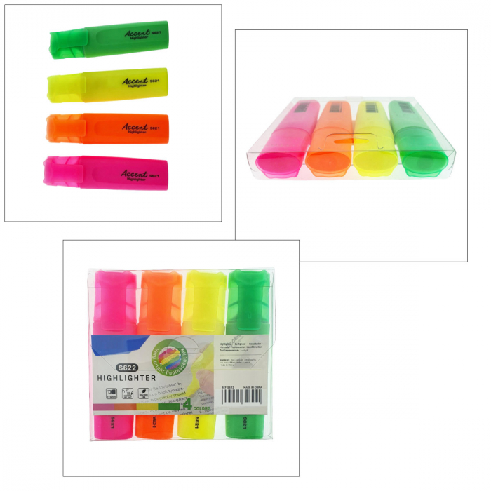 Set 4 textmarkere evidentiatoare fluorescente cu varf dublu de1mm si 5mm, uscare rapida, model Accent S621, cerneala non-toxica [4]